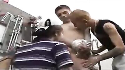 Twink tied up in BB 3way: A hot bareback adventure!