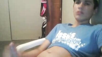 Mega Cumshot Man in Blue Shirt and Cap - Web-Cam!