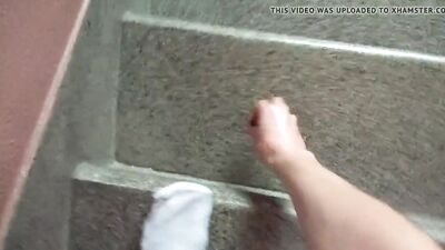 Twink wanking on public stairway