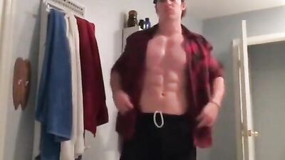 Buff college dude poses and jacks off