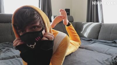 Twink boy massive cumshot in cute fox onesie intense orgasm loud moaning