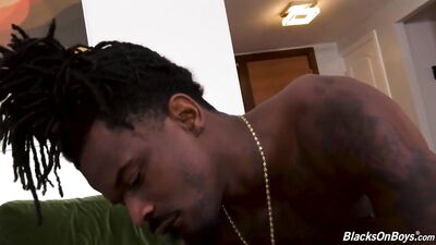 Ginger dude getting tag teamed by big cocked muscular black guys