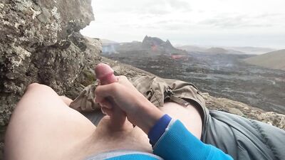 DOUBLE ERUPTION!! Jacking off while watching a volcano in Iceland erupt