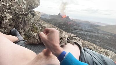 DOUBLE ERUPTION!! Jacking off while watching a volcano in Iceland erupt