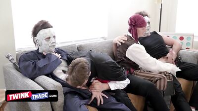 Twink Trade - Hot And Horny Stepdads Put On Costumes And Surprise Their Teen Twinks On The Couch