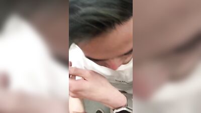 Fucking Bareback Gay Asian Twink in Public Restroom