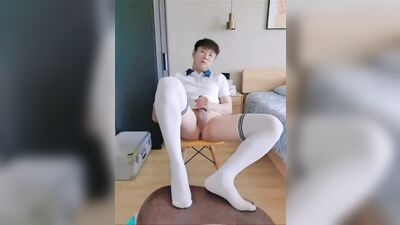 Boy in school uniform masturbates and cums at home