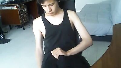 Hot boy long curly-haired brunette boy jacks+cums