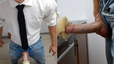 The guy with the big dick locked the utility room and pumped sperm into an artificial anus