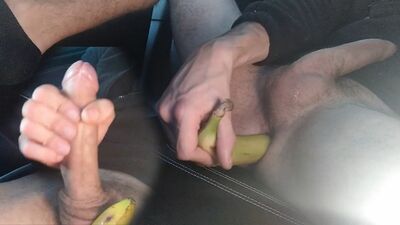 Big Cock Man in Car, Train His Anus with a Small Toy, then Insert Half a Banana, Likes It and Cums