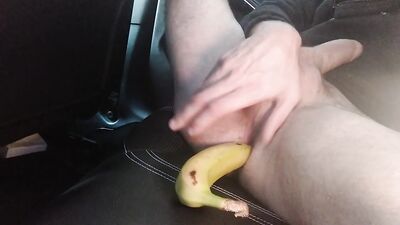 Big Cock Man in Car, Train His Anus with a Small Toy, then Insert Half a Banana, Likes It and Cums