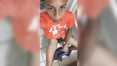 Skinny black twink jerking his dick + cum