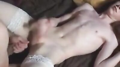 Shaved femboy shoots his load