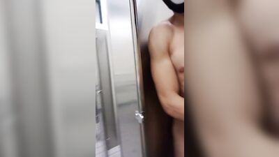 Jock Teen Walks Out Completely Naked in Airport Bathroom & Cums in Urinal