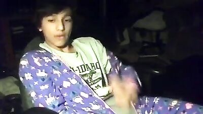 Young Latino smooth pajamas masturbates in her room