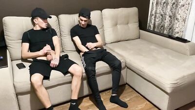 Straight jerk off with twink gay friend in sportswear (blowjob and cum in mouth)