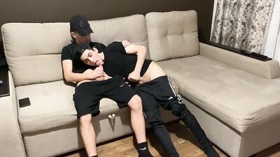 Straight jerk off with twink gay friend in sportswear (blowjob and cum in mouth)
