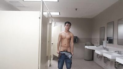 Asian Twink Strips Naked in Public Bathroom