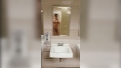 Asian Twink Strips Naked in Public Bathroom