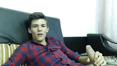 Solo cute young guy wanks thick chunky cock