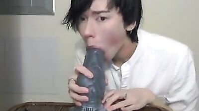 Cute Asian Twink Blows Big Alien Dildo