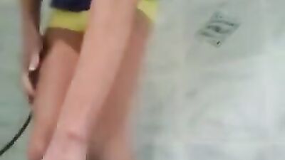 Hot young boy pissing, wank, nice cook in yellow boxer