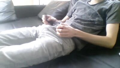 Slim boy jerking his hard cock