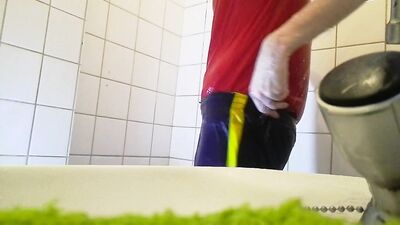 Up-close soccer shower wank