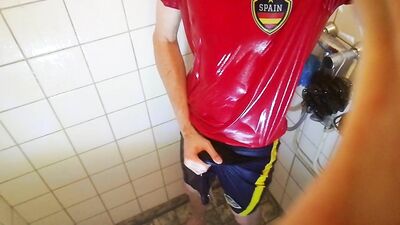 Up-close soccer shower wank