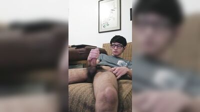 Horny young hairy boy enjoying solo masturbation.