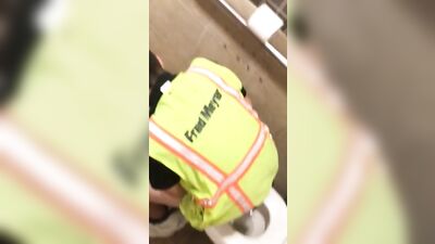 Cute store employee cums in the bathroom