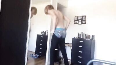 Tight Squeeze! Cute Boy in Skinny Jeans Desperately Trying to Put Them On!
