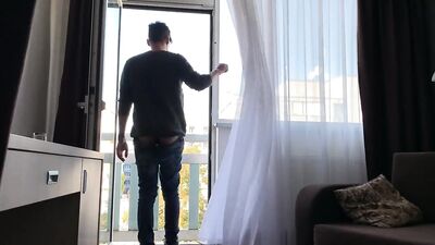 Vibrating dildo deep in ass , prostate stimulation on a balcony