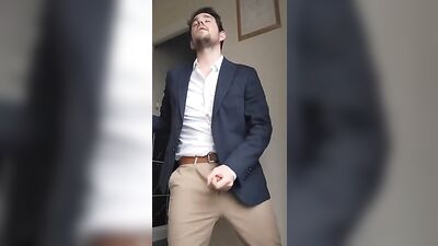 Gay Selfie Man in Suit Coat Jerks and Cums 289 - Amature Cum Shots Handjob Solo