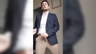 Gay Selfie Man in Suit Coat Jerks and Cums 289 - Amature Cum Shots Handjob Solo