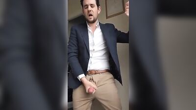 Gay Selfie Man in Suit Coat Jerks and Cums 289 - Amature Cum Shots Handjob Solo
