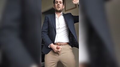 Gay Selfie Man in Suit Coat Jerks and Cums 289 - Amature Cum Shots Handjob Solo