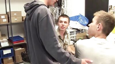 Stockroom Stallions: Bareback Threesome Cumshots