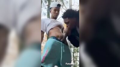 Double Black Dick Sucking Orgy - Two Big Cocks Outdoors