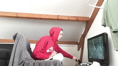 TEEN - Young stud plays with dick while watching hot porn!
