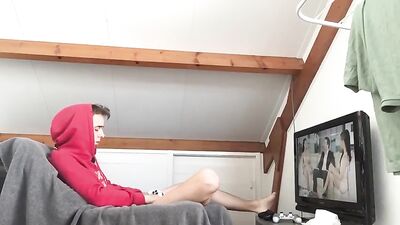 TEEN - Young stud plays with dick while watching hot porn!