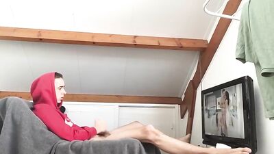 TEEN - Young stud plays with dick while watching hot porn!