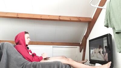 TEEN - Young stud plays with dick while watching hot porn!
