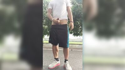 Curved Cock Outside Jerk-Off: Gay Public Handjob Cam Porn Cum!