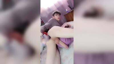 Tight twink takes big dildo in his smooth bussy