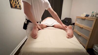 Horny dad gets boner during massage and seduced by masseur .