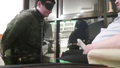 CRAZY HARD BDSM THREESOME -YOUNG MILITARY SLAVE and 2 DOMINS- PISS, SLAP, SPANK and HARD MOUTH FUCK