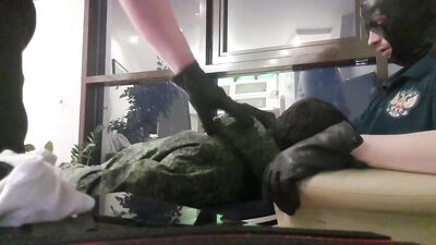 CRAZY HARD BDSM THREESOME -YOUNG MILITARY SLAVE and 2 DOMINS- PISS, SLAP, SPANK and HARD MOUTH FUCK