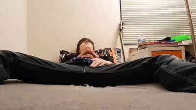 Teen boy jerks off in jeans