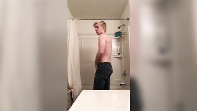 Gay Porn: Hot Blonde Cums in the Bathroom!